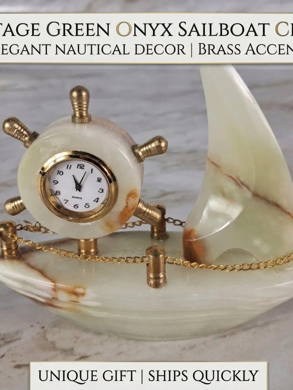 Decorative Collectible Ship Clock Desk Mentel Marble Onyx Handmade Imported NEW